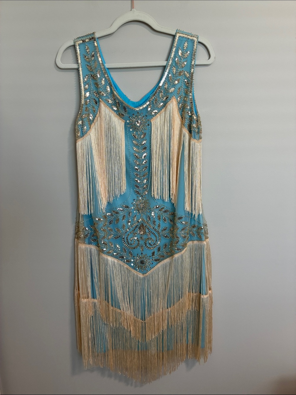 Vintage-Inspired Blue & Cream Fringe Flapper Dress - XL - Picture 4 of 8
